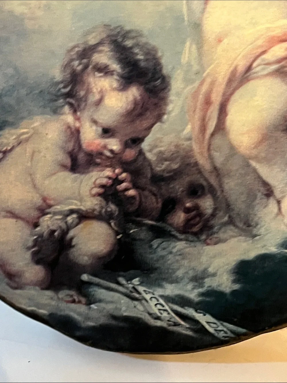 Vintage Francois Boucher Florentine Cherub Angel Round Wood wall art Plaque